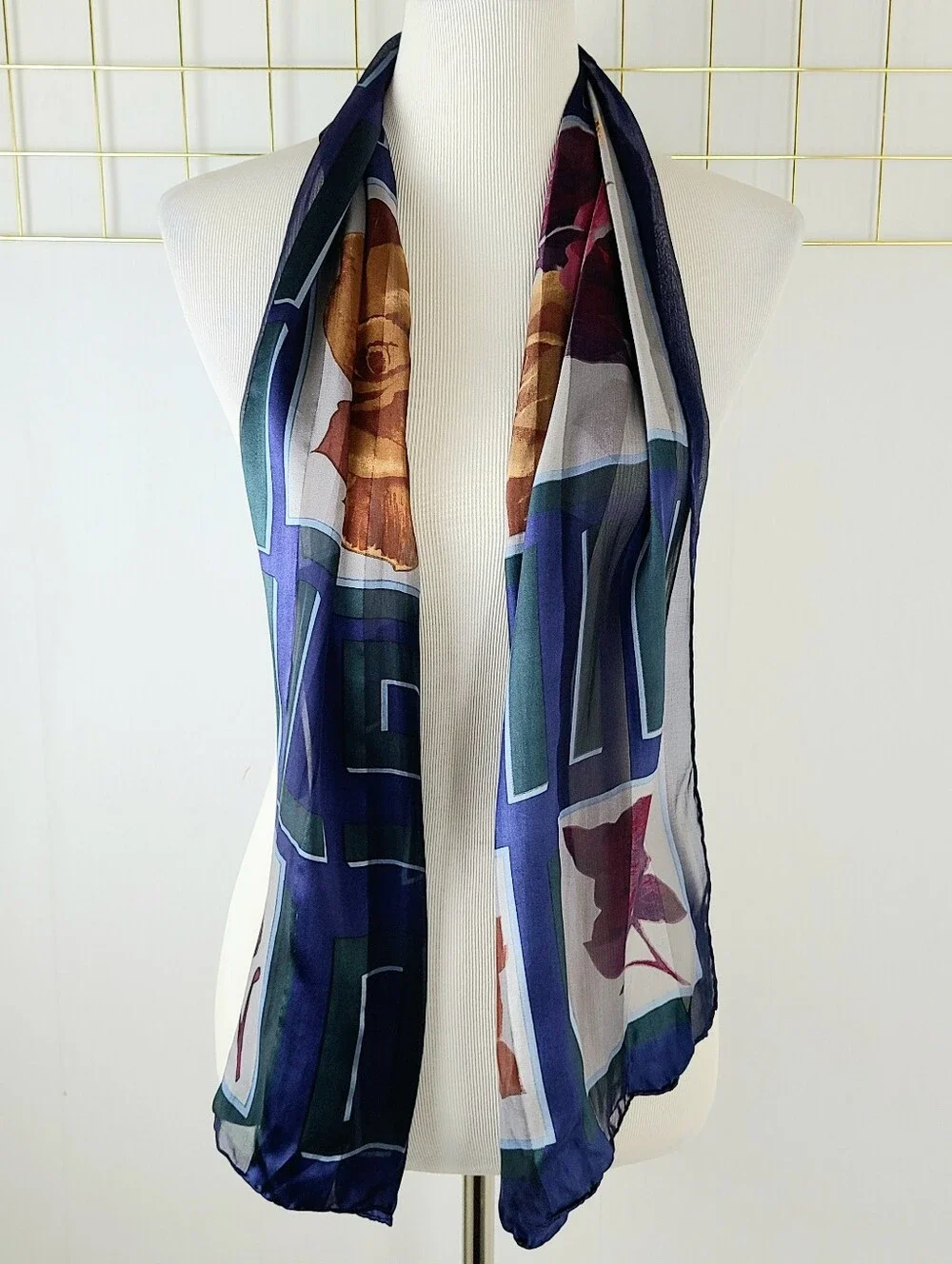 Halston Navy Burgundy Rose Floral Oblong Vintage Silk Scarf